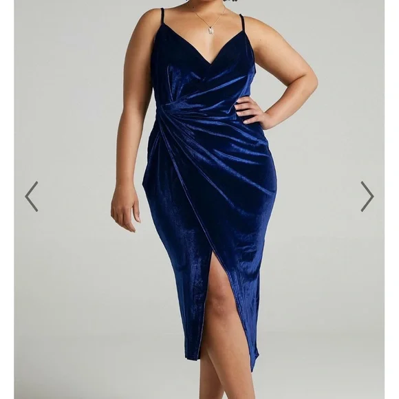 Showpo. | Dresses | Showpo Loving Blind Midi Dress Draped Thigh Split Dress  In Navy Velvet | Poshmark